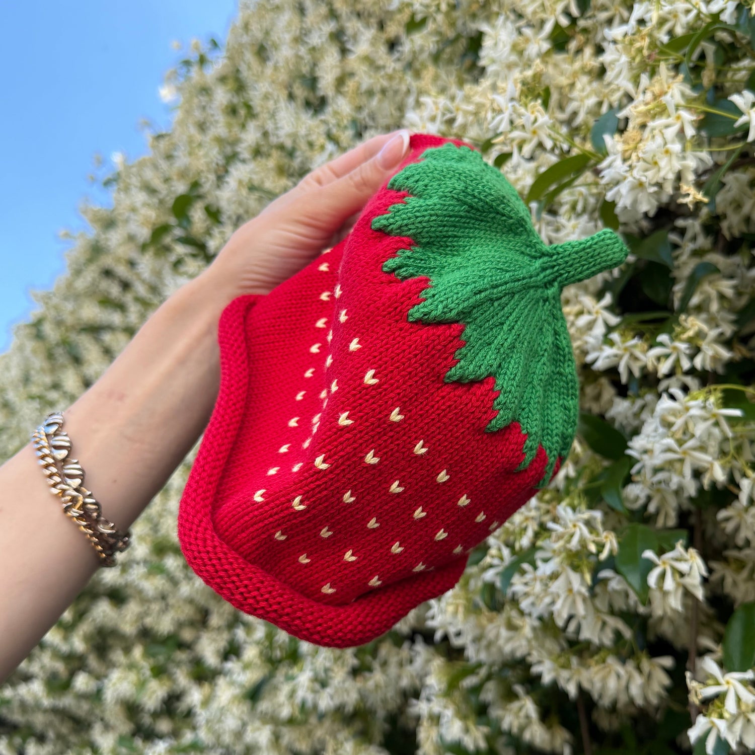 Hand holding a red knitted strawberry hat in front of a flowering bush