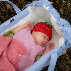 A sleeping newborn baby is lying in a light blue drawstring bassinet outdoors on grass and wildflowers. The baby is wearing a pink knit outfit and a red strawberry hat with green leaves.